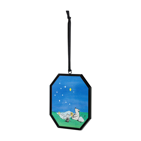 Glass suncatcher with an image of Winnie-the-Pooh and piglet having a picnic at night while looking at the stars. The catcher is mode of octagonal glass with a black metal frame. This image is from the side.