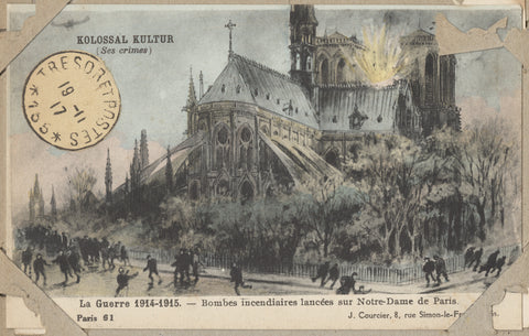 A postcard that looks like a WWI era print. The colors are blue and yellow, and it has text in French that informs the public about bombs launched at Nore-Dame.