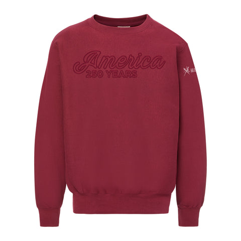 Maroon pull-over sweatshirt that says America 250 Years in maroon embroidered text. On the sleave is the logo for the National World War I Museum and Memorial.