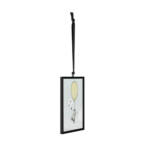 Glass suncatcher with an image of Winnie-the-Pooh hanging from a yellow balloon with bees flying around him. The catcher is mode of square glass with a black metal frame. This image is of the side.