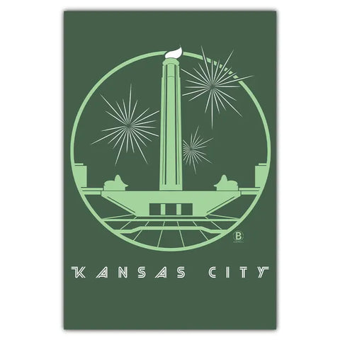 A green postcard of the Liberty Memorial Tower with fireworks in the background.  The image is encased by a circle, and on the bottom is white text that reads "Kansas City".