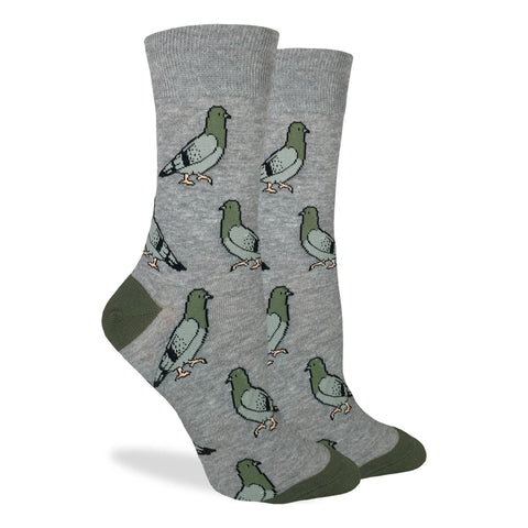 Gray socks with a pattern of pigeons, featuring green toes and heels.