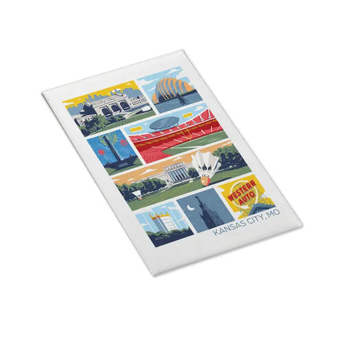 A magnet with illustrations of notable Kansas City, MO landmarks. It features a stadium, concert hall, and iconic signs.
