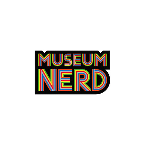 Black die cut sticker that reads Museum Nerd in multi-color neon letters.