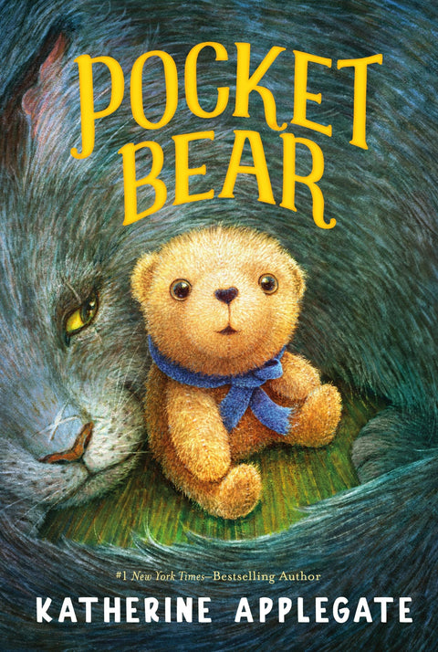 The cover for Pocket Bear is a colorful illustration of a small teddy bear wearing a blue scarf. Around him a dark gray cat is curled around the bear. 