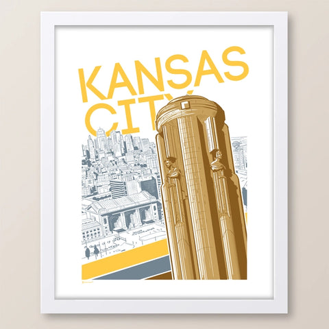 A print of the Liberty Memorial Tower with the Kansas City skyline in the background. Across the horizon is yellow text that reads "Kansas City".