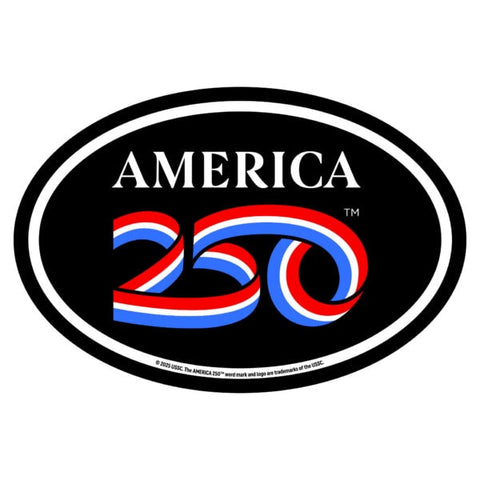 A black car magnet with the text "America 250" on it. "250" is illustrated to look like a ribbon with the American flag colors on it.