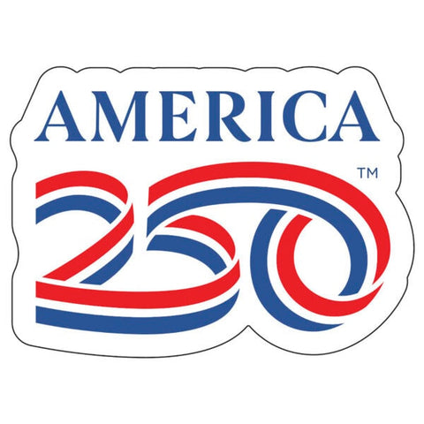 A white sticker with the text "America 250" on it. "250" is illustrated to look like a ribbon with the American flag colors.