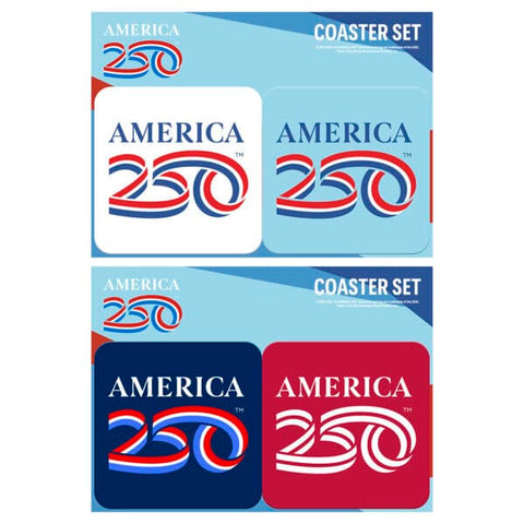 A set of blue, white, and red coasters that read America 250 in blue and red. The 250 is illustrated to look like a ribbon with the American flag colors.