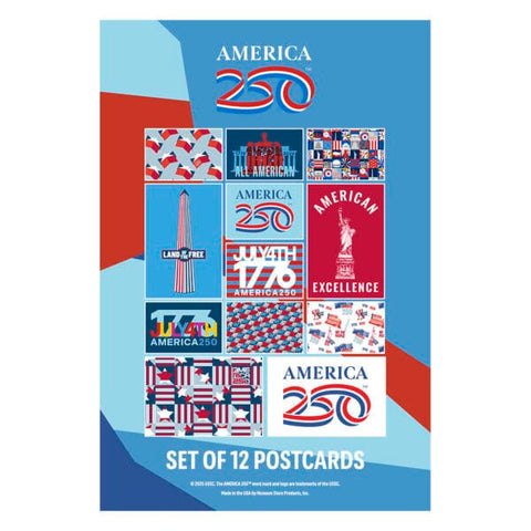 A cover image depicting 12 postcards as part of a set. The images are bright and reflect the American flag colors. Motifs such as stars, the Statue of Liberty, and the white house are seen throughout the postcards.
