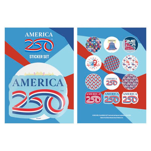 A sticker set that has the text "America 250" on it. "250" is illustrated to look like a ribbon with the American flag colors. The sticker set contains images of pop art like the Liberty bell and hamburgers.