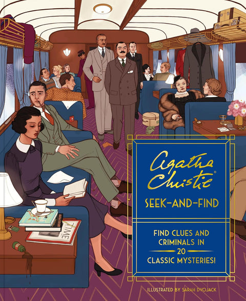 Illustrated train scene with Agatha Christie branding and 'Seek-and-Find' text.