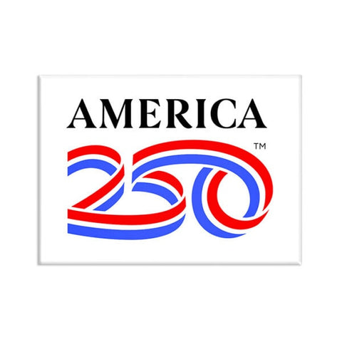A white magnet with the text "America 250" on it. "250" is illustrated to look like a ribbon with the American flag colors.