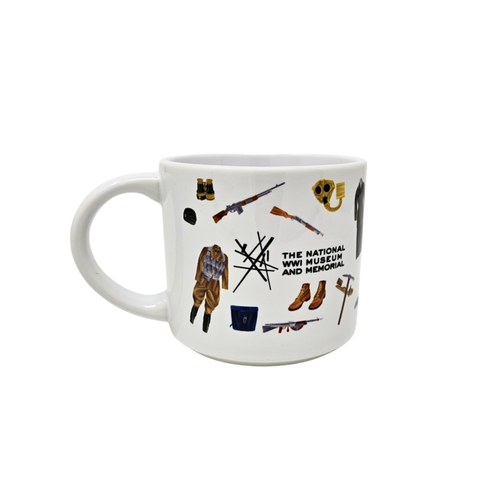 A white mug displaying cutouts of WWI artifacts. In the center of the bottle is the logo for the National WWI Museum and Memorial.