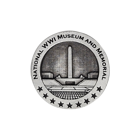A pewter challenge coin that depicts the Liberty Memorial Tower and text for the National WWI Museum and Memorial.