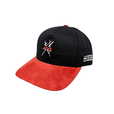 Black and red cap with logo and text on a white background
