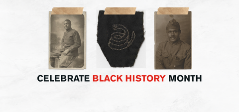 A banner that depicts images of African American soldiers from WWI, with a patch in the middle for the Black Rattlers. Underneath is text that reads " Celebrate Black History Month".
