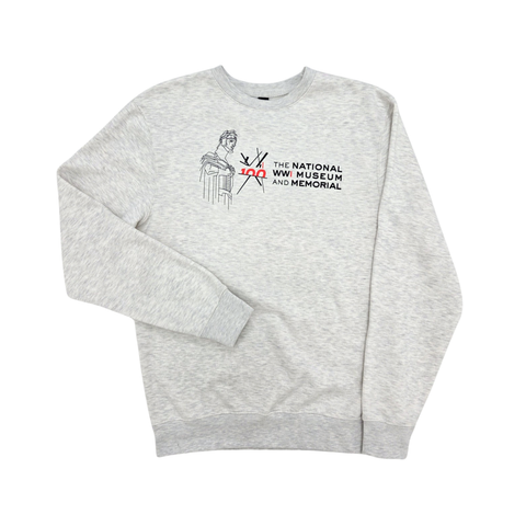 Off white crewneck sweatshirt 
with the Centennial Logo for the National WWI Museum and Memorial with a guardian from the Liberty Memorial to the left of it.