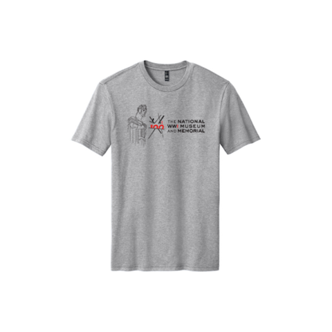 Gray t-shirt with the National WWI Museum and Memorial Centennial Logo. To the left of the logo is one of the guardians on the Liberty Memorial Tower.