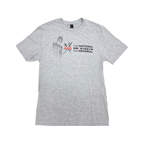 Light gray tshirt with the Centennial Logo for the National WWI Museum and Memorial with a guardian from the Liberty Memorial to the left of it.