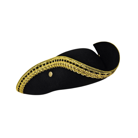 Picture of a toy colonial hat that is black and has gold trim on the rim.
