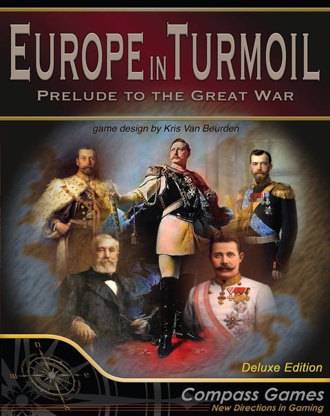 A gameboard box cover which has the portraits of five different military leaders on the front of it. The game is called Europe in Turmoil, and the color scheme is maroon, blue and black.