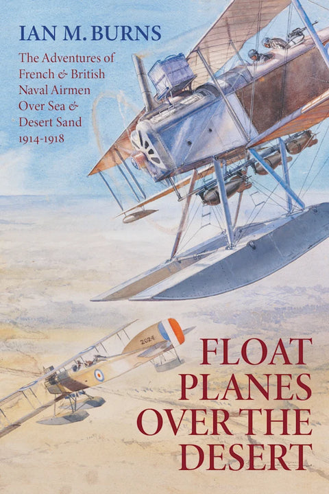 The cover shows an illustration of two WWI float planes flying over a desert. 
