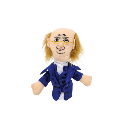 I cloth finger puppet of Benjamin Franklin. It wears a blue coat.
