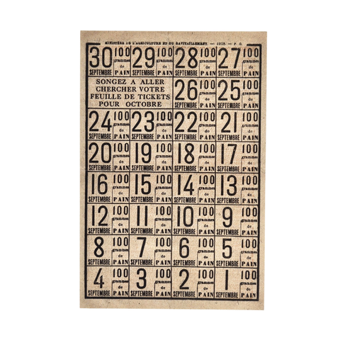 A post card that looks like a WWI era French ration card. It is brown and has black numbers and text in French.