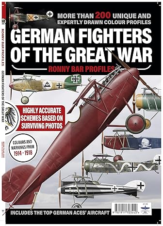 The cover of the book, German Fighters of the Great War, featuring illustrations of World War I German fighter planes and white text on a black background at the top and bottom.