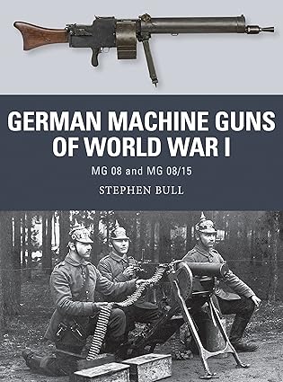 The cover for German Machine Guns of World War I includes two images. One is of a a German Machine Gun and the other is a black and white image of three German WWI soldiers ready to fire a German Machine Gun. 