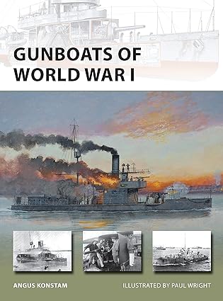 The cover is of an illustrated Gunboat on the water that is on fire. Smoke pours from the boat and orange flames are seen. There are also three smaller images of Gunboats below. 