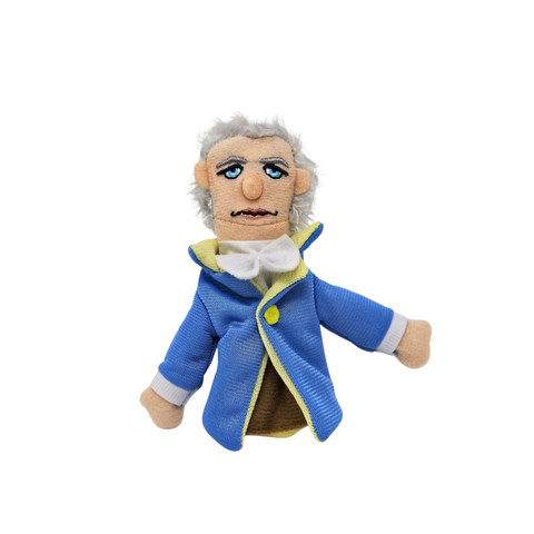 I cloth finger puppet of Alexander Hamilton. It wears a light blue coat.