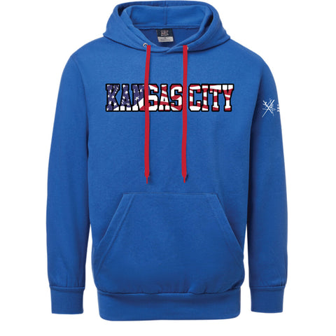 A blue hoodie with red draw strings. On the chest reads Kansas City in the American Flag. On the sleeve is the logo for the National WWI Museum.