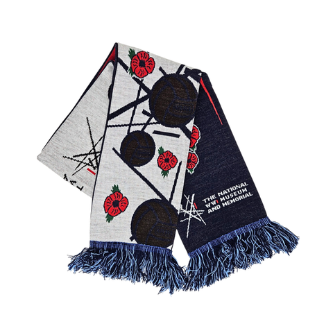 Scarf with abstract design and red poppy flowers on a white background