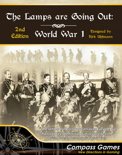 A gameboard box cover which has a photograph of several different military leaders on it. the game is called The Lamps are Going Out, and has a color scheme of sepia, yellow and black.