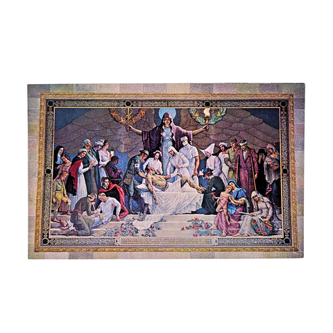 A postcard depicting a mural memorial for women in WWI. It depicts nurses and injured soldiers, with a woman who's arms are spread out in the center.