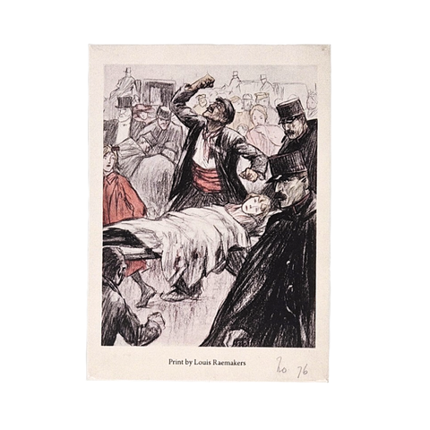 A sticker depicting an illustration of a young woman on a stretcher bar. A crowd of people walk by, and beside her is a man who is raising his fist to the sky in anguish. the colors are red, black, and light yellow.