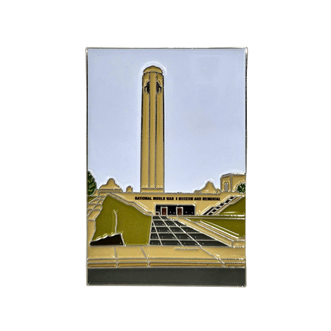 An enameled magnet which displays an image of the National WWI Museum and Memorial with the Liberty Memorial Tower as the focal point.
