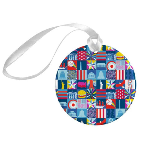 A pop art ornament with different colorful symbols on it, such as the liberty memorial and a hamburger.