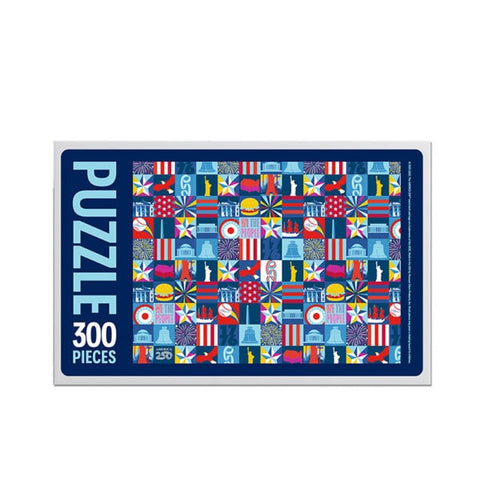 Pop art puzzle box with pop art cover that has different colorful symbols on it, such as the liberty memorial and a hamburger.