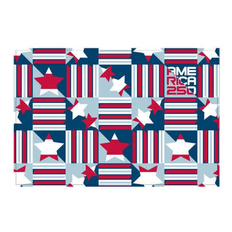 A pop art postcard that has images of stars and stripes rotated throughout. In the top right corner reads "America 250".