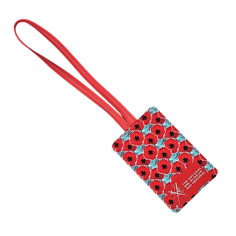 A red and light blue luggage tag with digitally manipulated poppies that are repeated and stacked on one another with the National WWI Museum and Memorial Intersections logo interlaced between.