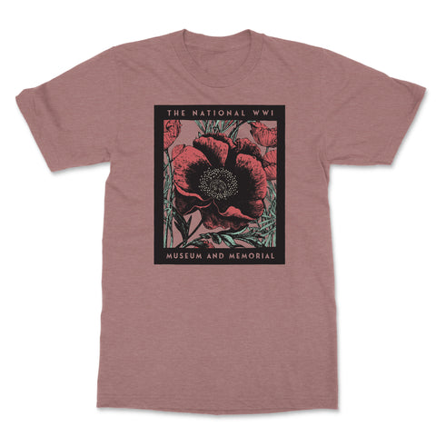 A light pink tshirt with a graphic design of a poppy flower in the colors Black, Pink, and green. This image is inside of a black rectangle that reads The National WWI Museum and Memorial. The shirt is on a white background.