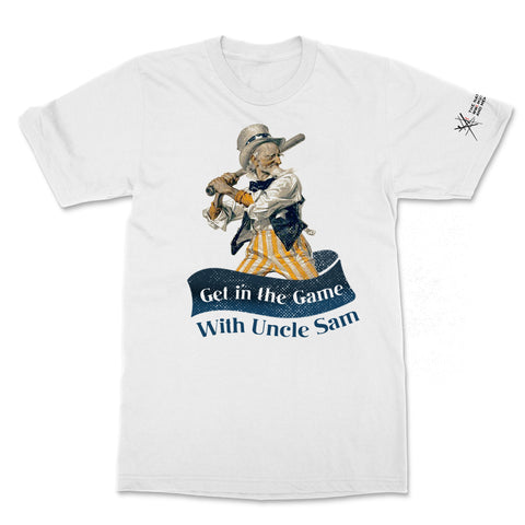 A white tshirt with an image of WWI propaganda art depicting Uncle Sam playing baseball. The colors are blue, white, and yellow, and there is a blue ribbon underneath that reads Get in the Game With Uncle Sam.