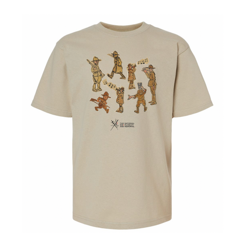 A beige t-shirt with 7 illustrated images of a soldier doing various activities. Including playing the trumpet, walking, waving, standing with a rifle, running with a rifle, and looking up with binoculars. 