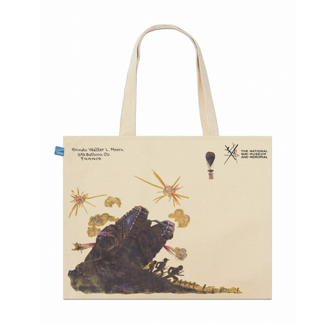 Custom tote bag featuring a vintage-style print of a tank and soldiers and the text No. 24, Walter L. Myers, 5th Balloon Co., France alongside The National WWI Museum and Memorial logo. 