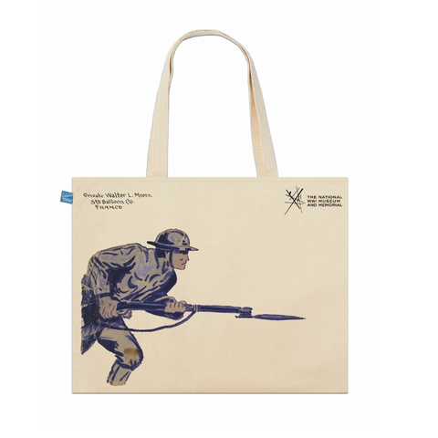 Custom tote bag featuring a vintage-style illustration of a soldier with a bayonet  from The National World War I Museum and Memorial by artist John Ross Myers.