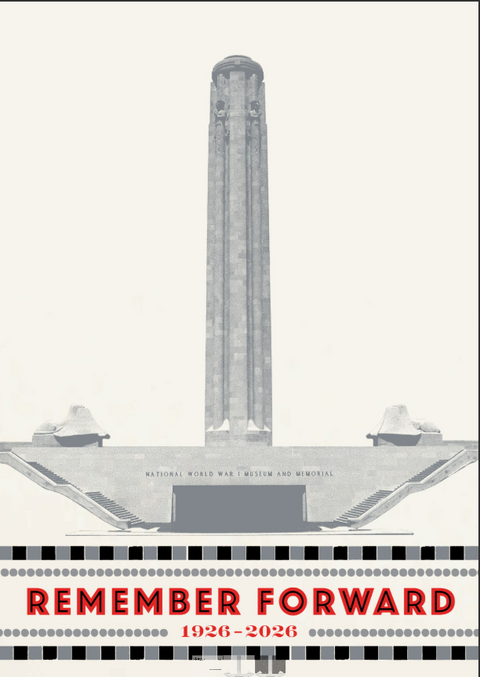 A memorial-style poster featuring a tall gray monument centered on a light cream background, with a black-and-white checkered strip and the red text 'REMEMBER FORWARD 1926-2026' at the bottom.