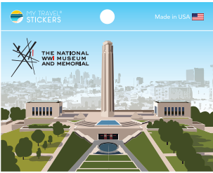 A sticker that depicts a graphic of National WWI Museum and Memorial with the Kansas City skyline in the background.